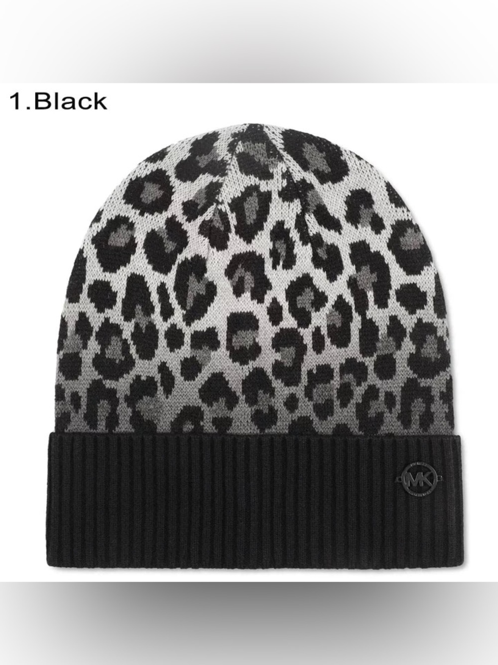 Michael Kors Black Leopard Knit Cuffed Beanie - Women